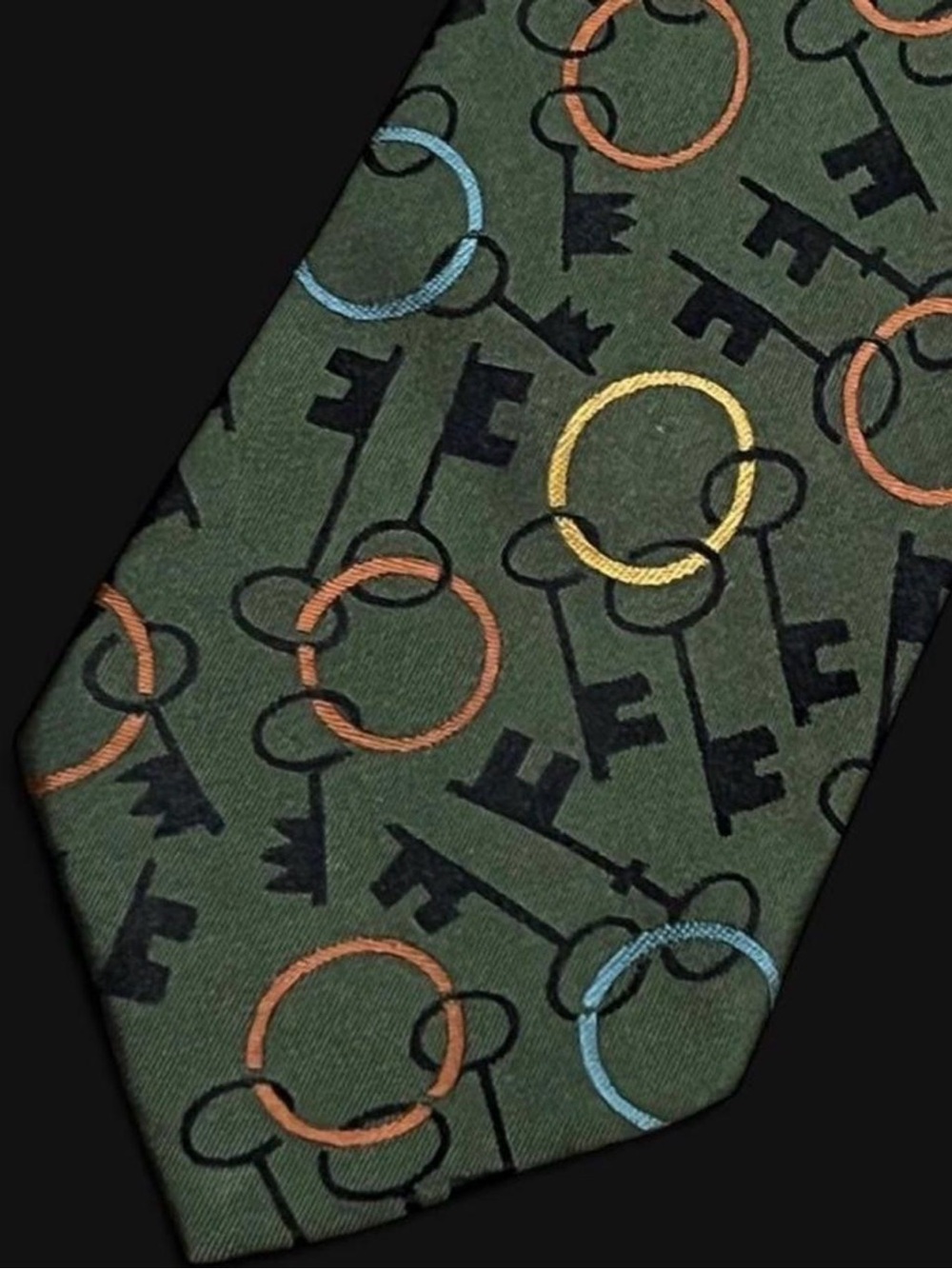 Vintage 90s Matsuda Nicole Tokyo Silk Tie - Olive Green Skeleton Key Print